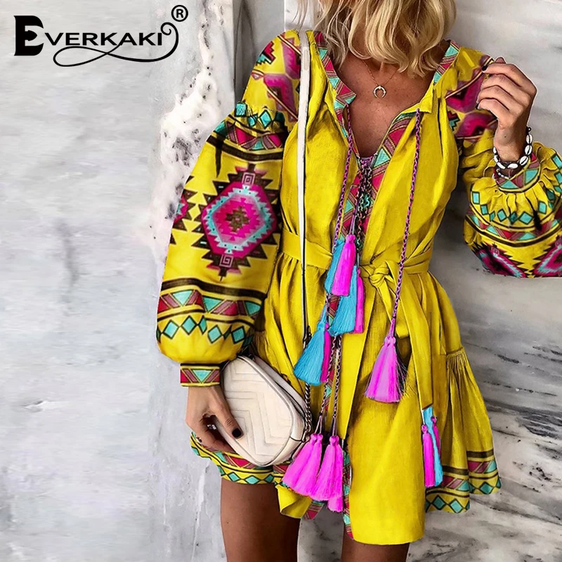 Everkaki Ethnic Print Tassel Mini Dress Women Summer Vestidos Sashes Boho Ladies Short Dresses Loose Female 2021 New Fashion | Женская