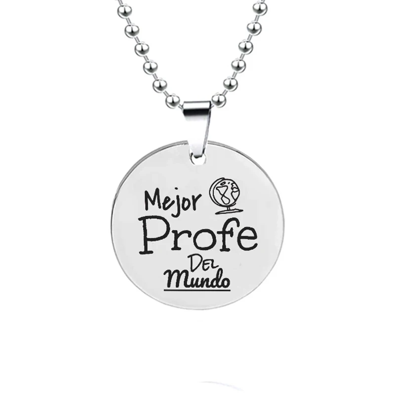 

2021 New Mejor Profe Del Mundo Stainless Steel Necklace Engraved Spanish Entrenador Necklaces For Women Men Teacher's Day Gift