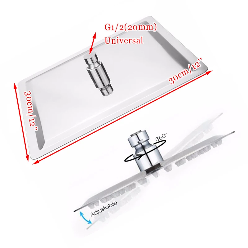 

12 Inch Square Bathroom Stainless Steel Bath Shower Chrome Top Sprayer High Pressure Rainfall Shower