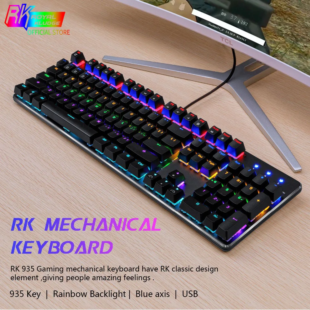 Игровая механическая клавиатура RK935 проводная с синими клавишами 104 клавиш