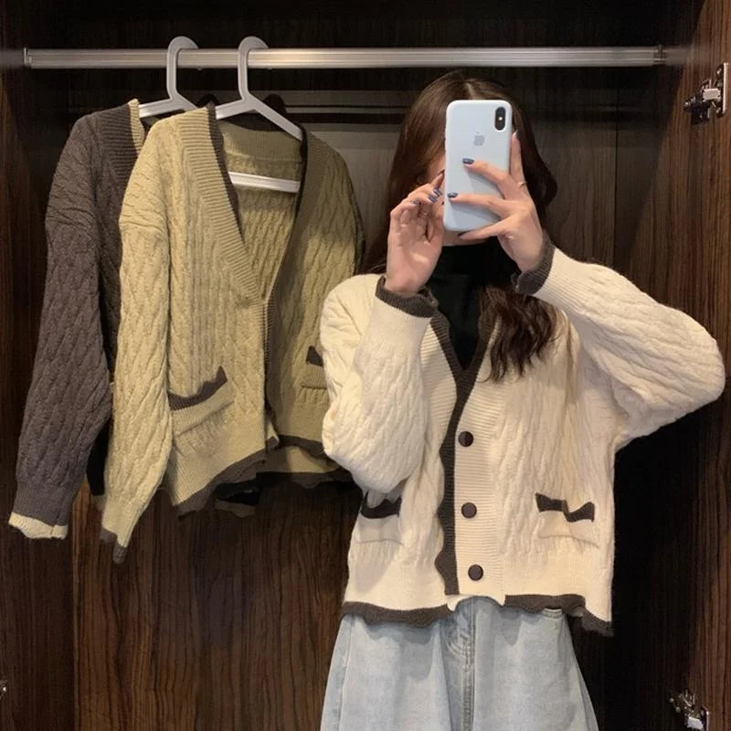 Осенне-зимний новый корейский вязаный кардиган с v-образным вырезом контрастного