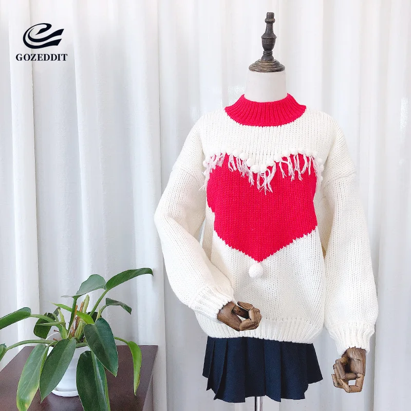 Gozeddit Handmade Ball Tassel Women Chich Sweaters Pullovers Wool Outfit Heart-shaped Pattern | Женская одежда