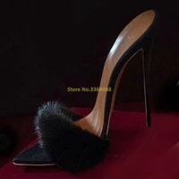 slippers thin high heel black hairy pointed toe stiletto high heel slip on runway dress women slides