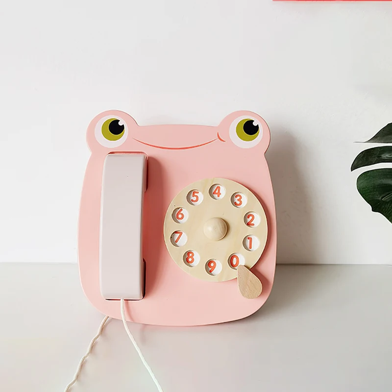 

Baby Cartoon Cute Frog Simulation Wooden Phone Toy Children Educational Gift Miniature Telephone Accessories Pretend Play Toys