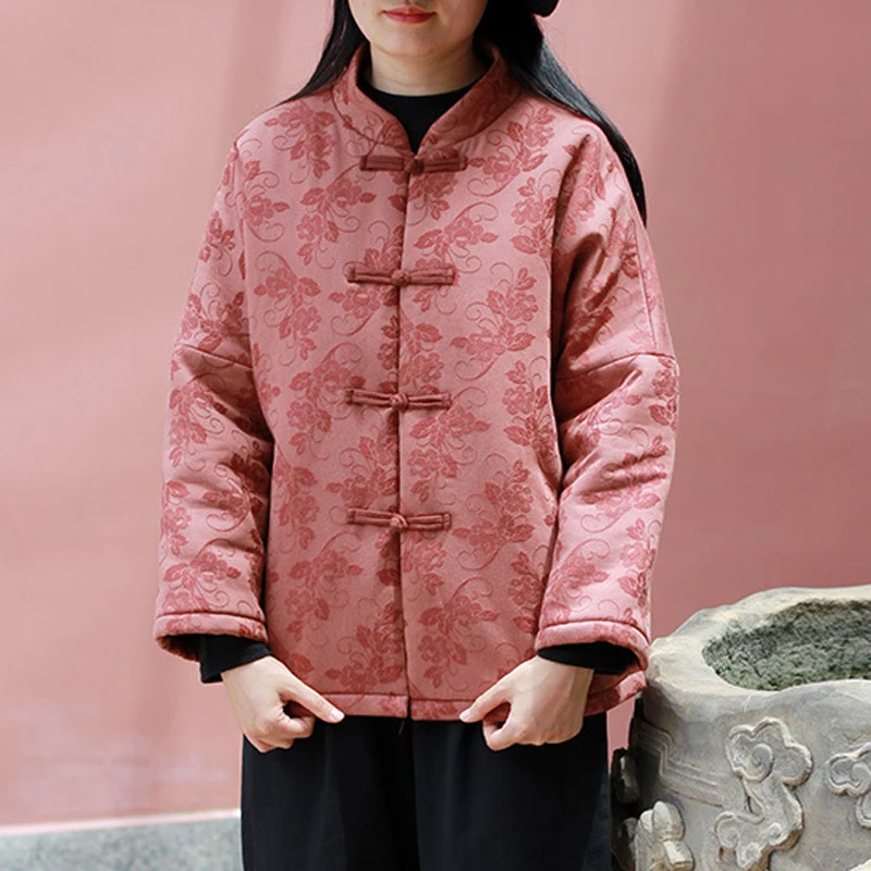 

Johnature Women Chinese Style Parkas Jacquard Stand Long Sleeve Coats Button Vintage 2021 Autumn New Original Female Parkas