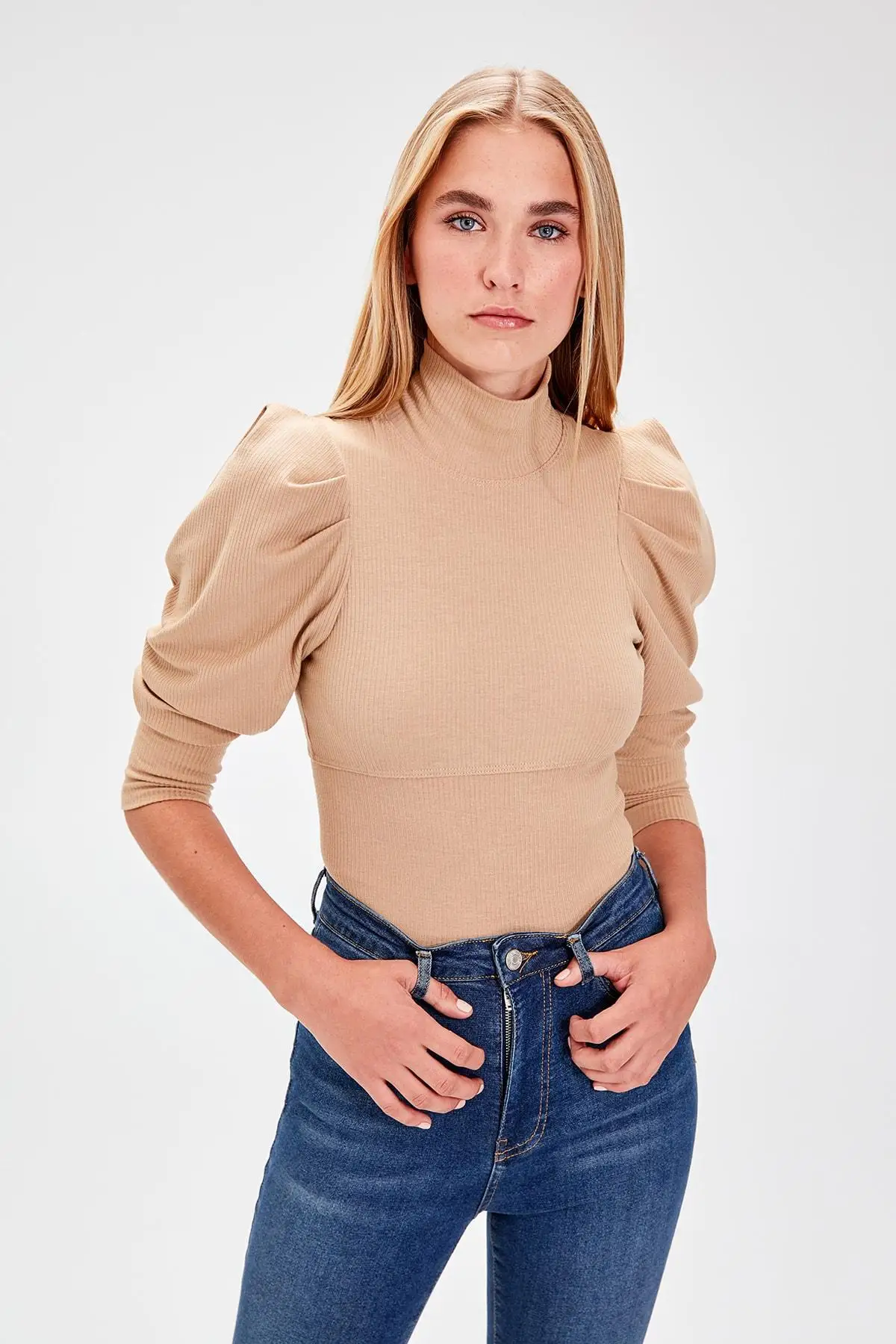 Trendyol верблюжья ручка Shir detayl'l водолазка ребристый трикотажный блузка TWOAW20BZ0274