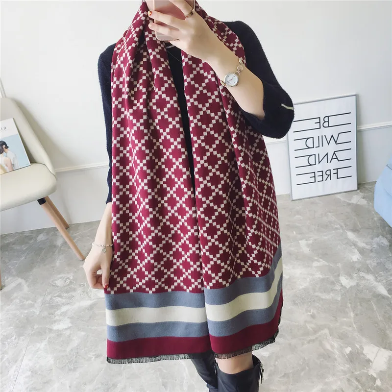Осень зима 2018 женский полосатый кашемировый шарф в виде ромбовидной решетки