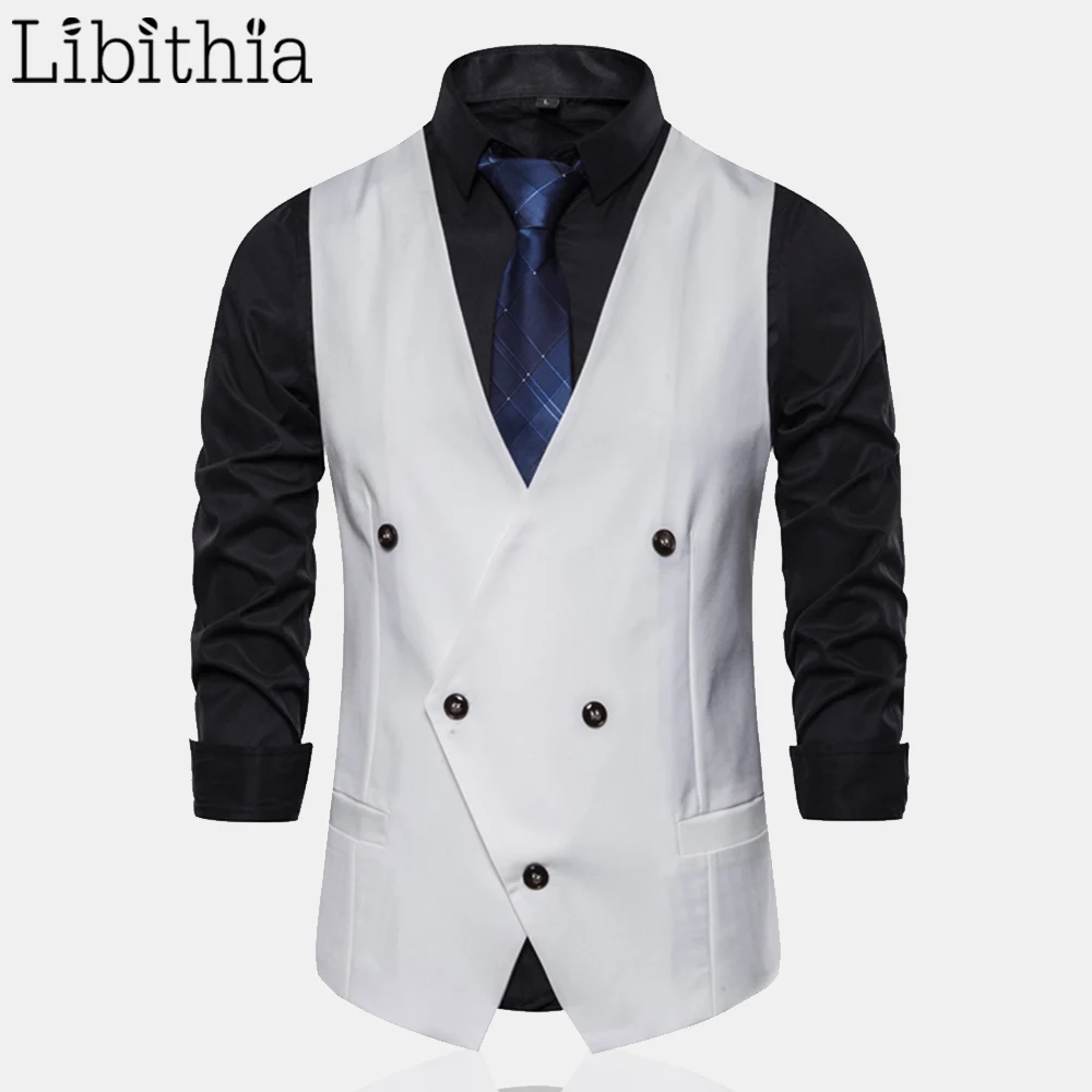 

Men's Casual V-neck Suit Vests Double-breasted Sleeveless Autumn Solid Colors White Black Navy Blue Grey M-3XL Clothes Male A129