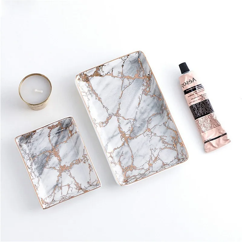 

European Marble Trays Ceramic Jewelry Storage Tray Dinner Gold Inlay Porcelain Dessert Plate Steak Fruit Snack Food Plate Decor