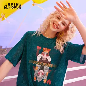 Женская футболка с коротким рукавом ELFSACK, ярко-розовый Повседневный Топ в стиле Харадзюку с забавным графическим принтом, лето 2020