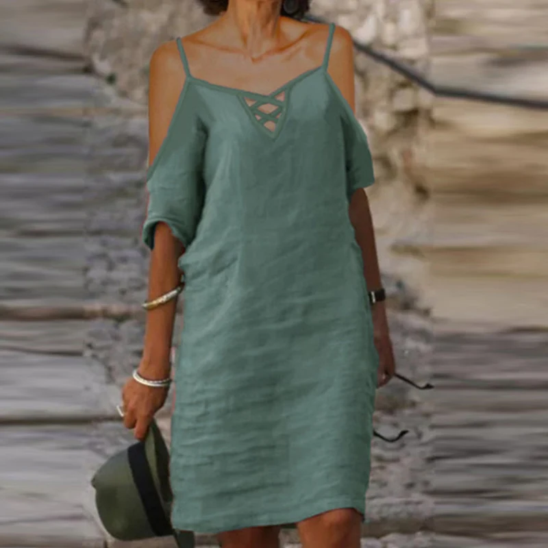 

Summer Elegant Office Lady Beach Dress Women V Neck Criss Cross Hollow Out Dresses Spring Off Shoulder Short Sleeve Party Dress