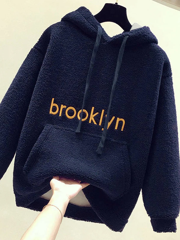 

2022 весенний модный Повседневный свитер для женщин с надписями темно-синий кремово-белый кофейный модный Свободный тяжелый свитер с капюшон...