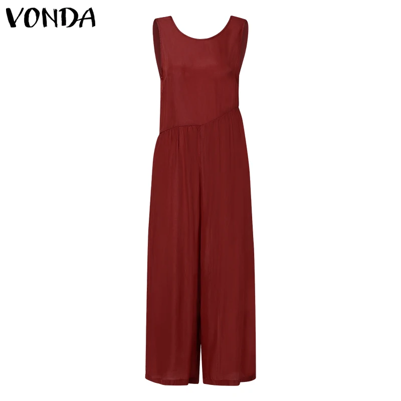 Женские комбинезоны VONDA, летние сексуальные однотонные Свободные Комбинезоны без рукавов, повседневные широкие длинные штаны, брюки