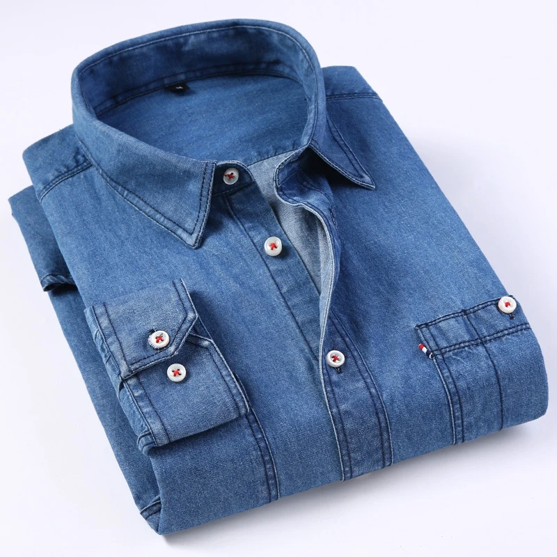 

2021 Spring New Men's Denim Shirt Fashion Brand Loose Casual Plus Size Cotton Shirt High-quality Two-pocket All-season Denim Top