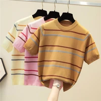 ljsxls short sleeve knitted sweater women fashion striped sweaters pullover clothes summer loose casual o neck top femme 2022