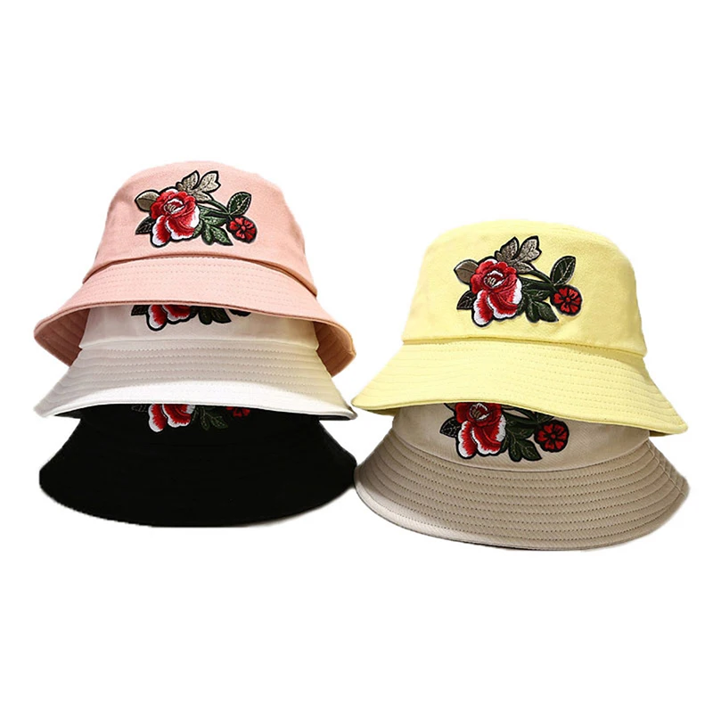 

Unisex Embroidered Peony Foldable Panama Bucket Hat Beach Sun Street Fisherman