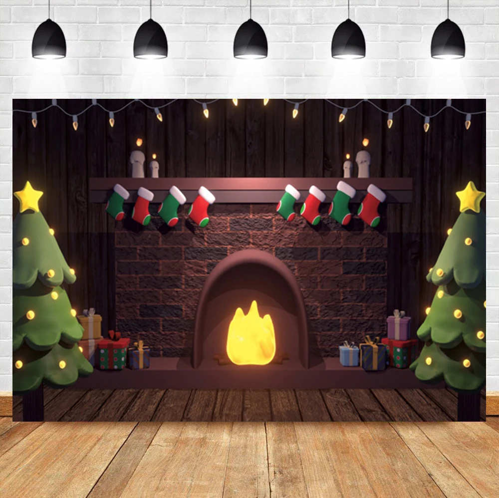 

Laeacco Cartoon Christmas Tree Fireplace Socks Floor Birthday Photography Backdrop Photographic Photo Background For Photo Studi