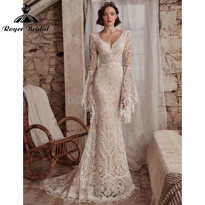 

Chic Mermaid Boho Wedding Dress V Neck Backless Long Flare Sleeve Lace Bridal Gown Custom Made Vestido De Novia Roycebridal 2022