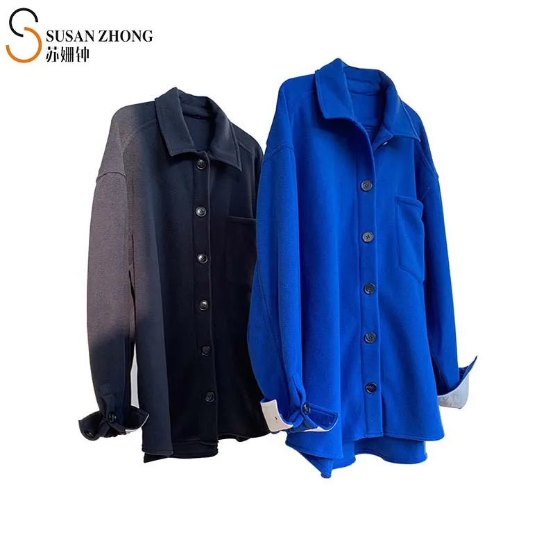 

Women Shirts Female Blouses Ladies Tops Cozy Athleisure Fall Winter Loose Oversize Fleece Thick Turn-Down Collar Batwing Buttons