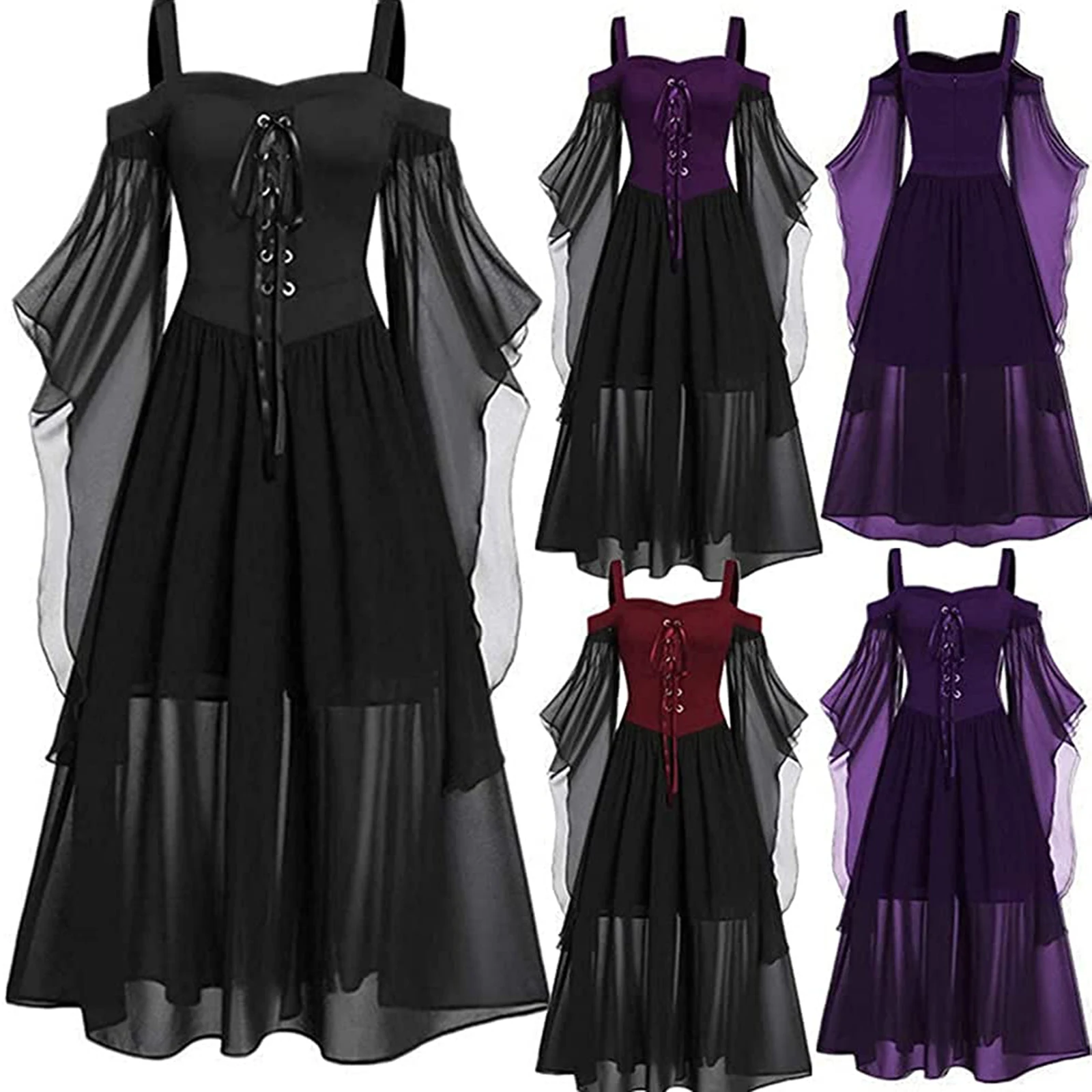 

Women's Halloween Witch Cosplay Costumes Gothic Off Shoulder Lace-up Bandage Mesh Sheer A-line Long Cami Dress Party Wear