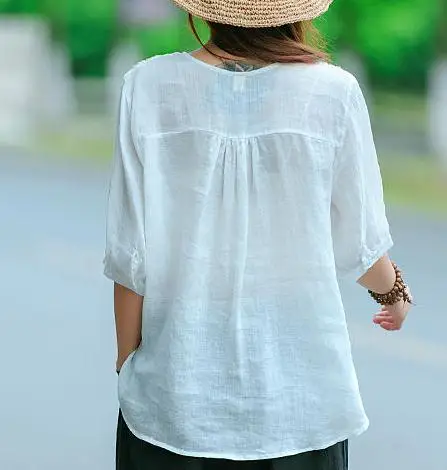 

Vintage Summer Casual Women V Neck White Yellow Blue Embroidery Short Sleeve Linen Blouse Top Shirt , Womens 4xl Tops Tshirts