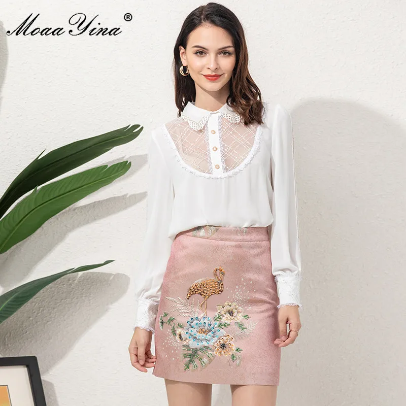 

MoaaYina Fashion Designer Set Summer Women's Lantern Sleeve White Blouses Tops and Beading Print Short Two-piece Skirts suit