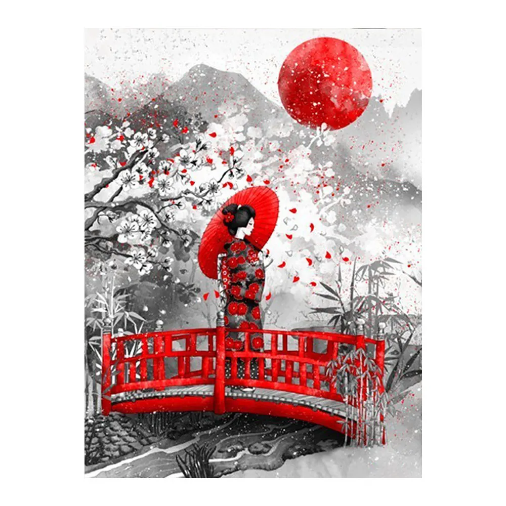 Японский красный зонт женщина алмазов картина круглый полный дрель Портрет