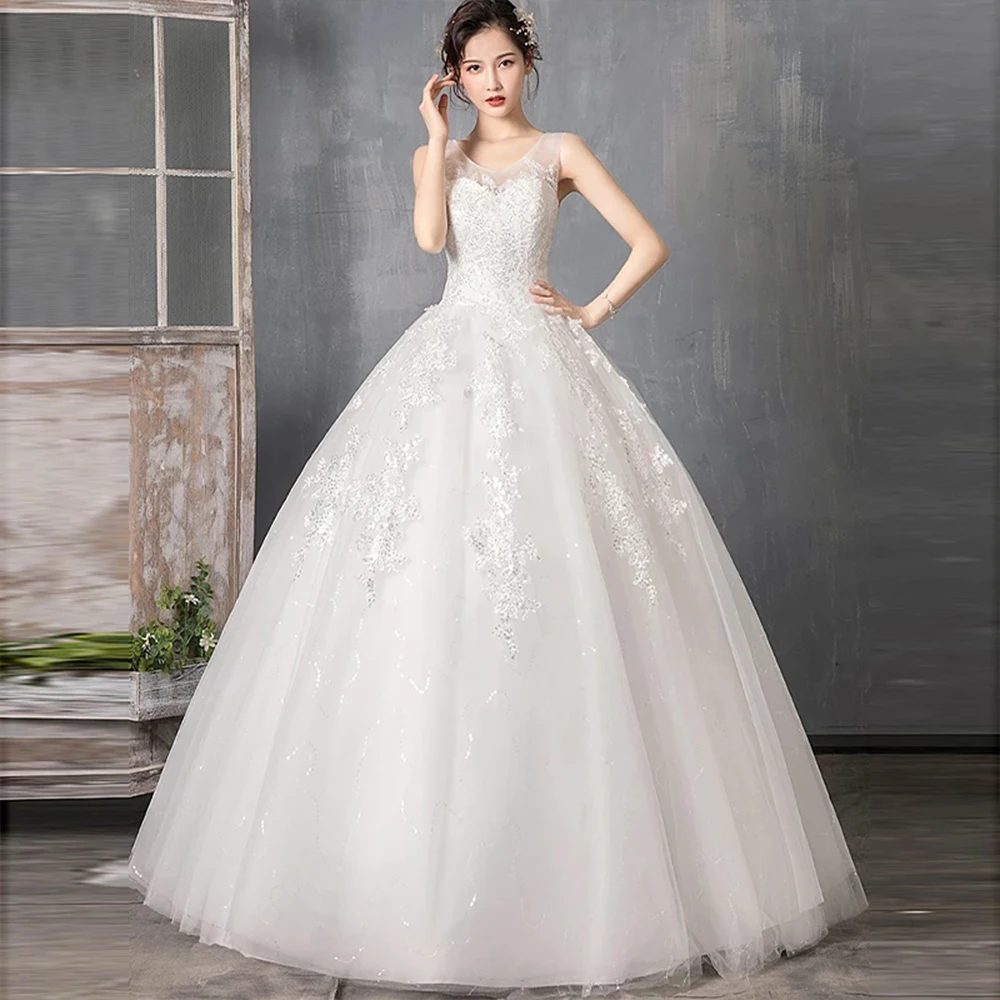 

Wedding Dresses Illusion O-Neck Sleeveless Backless Tulle Lace Sequined Embroidery Luxury White Vintage Women Bridal Gown