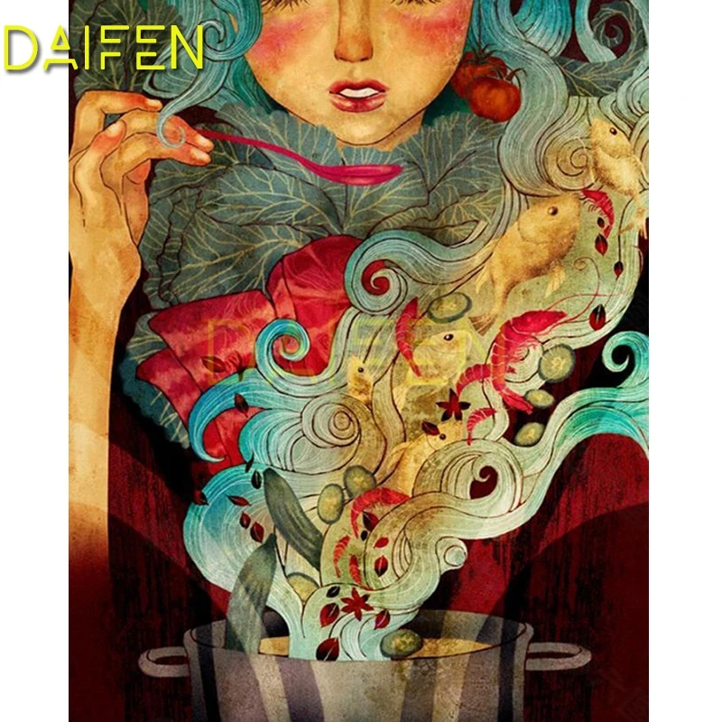 

5DIY Алмазная вышивка, полная круглая алмазная живопись, вышивка крестиком, девушка, ложка, суп, полная квадратная Алмазная мозаика, огурец, томатная рыба