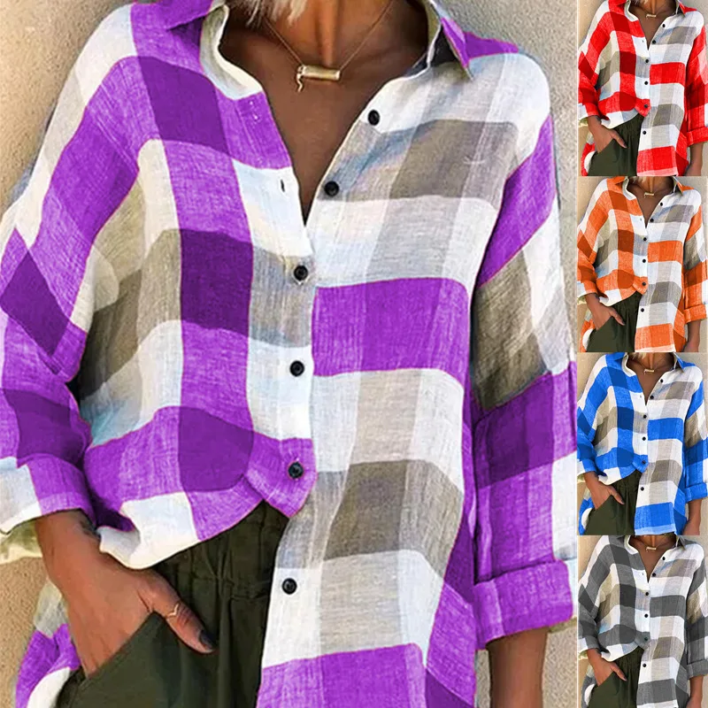 

2021 Autumn Winter Women Blouses Vintage Sexy Button V Neck Plaid Casual Befree Long Sleeve 5XL Big Large Plus Sizes Shirts