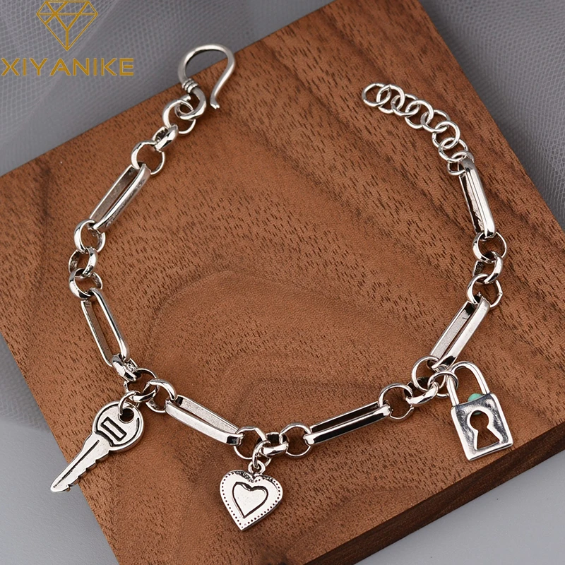 

XIYANIKESilver Color Love Lock Key Thai Silver Bracelet Women Fashion Simple Temperament Personality Retro Romantic Gift