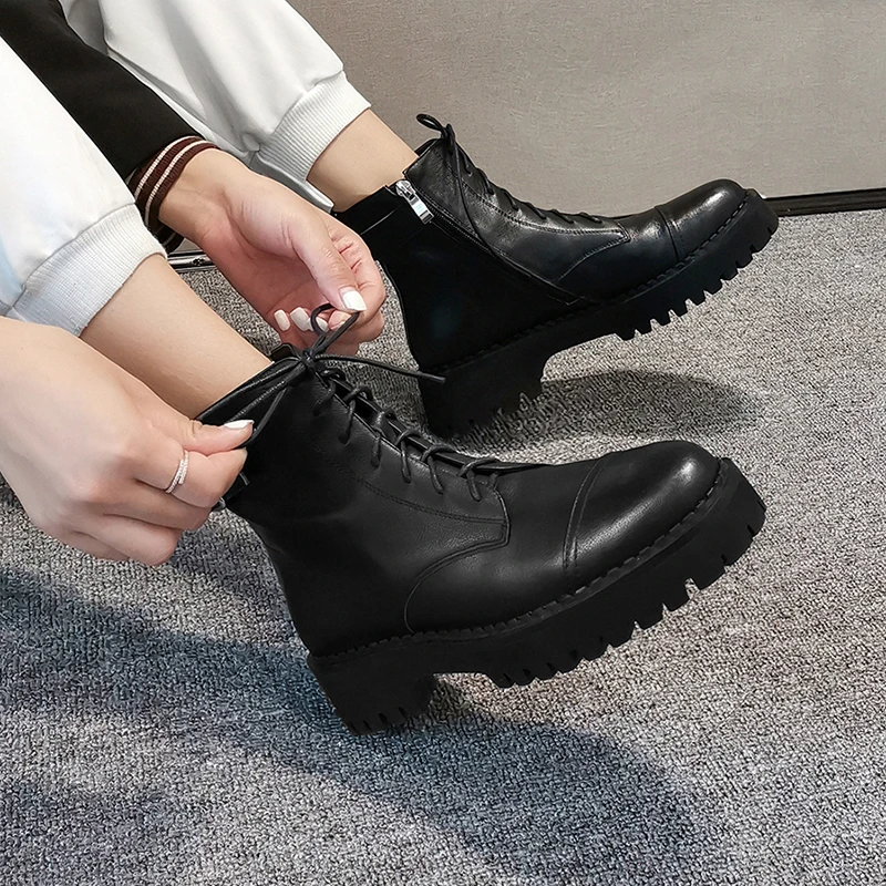 Jual Besar Ukuran 34-40 Kulit Asli Platform Boot Baru Musim Gugur Wanita Cahaya Nyaman Chunky Sepatu Fashion Renda Wanita Sepatu Alas Kaki