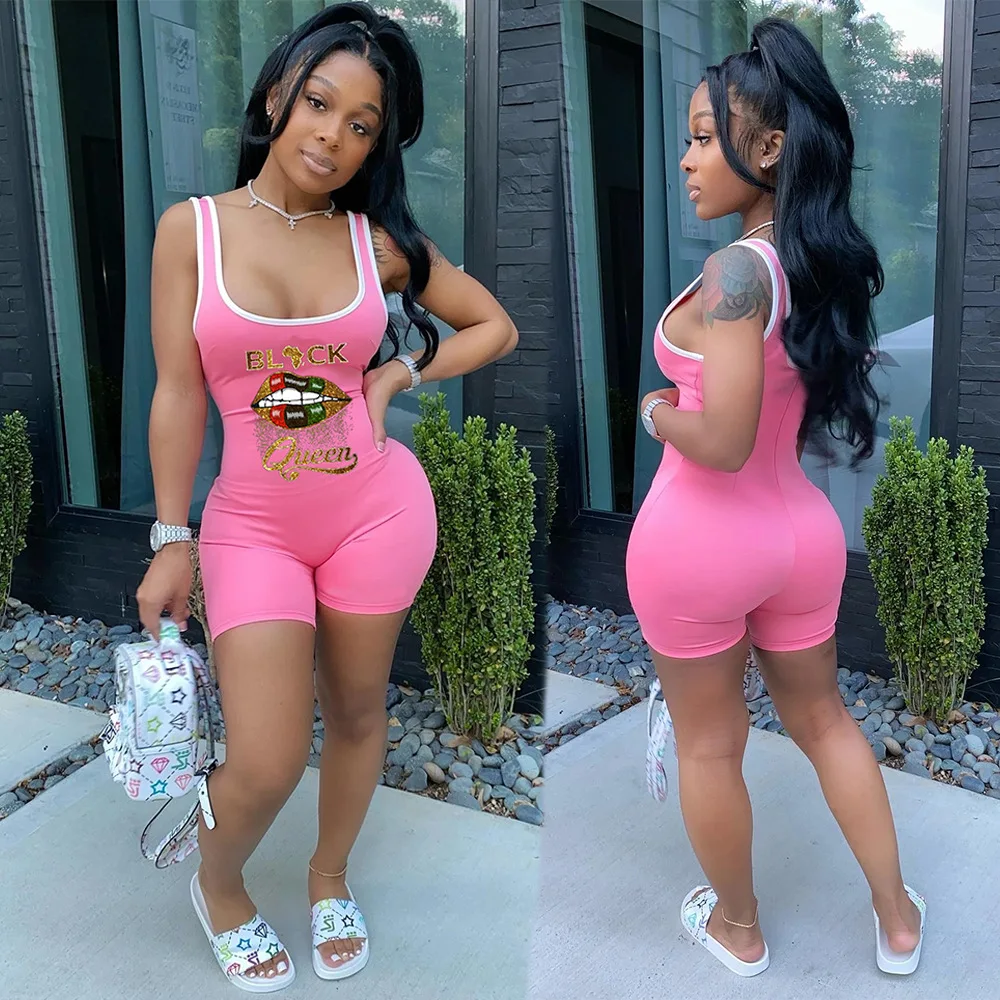 Женский Блестящий короткий комбинезон без рукавов с принтом губ и блестками