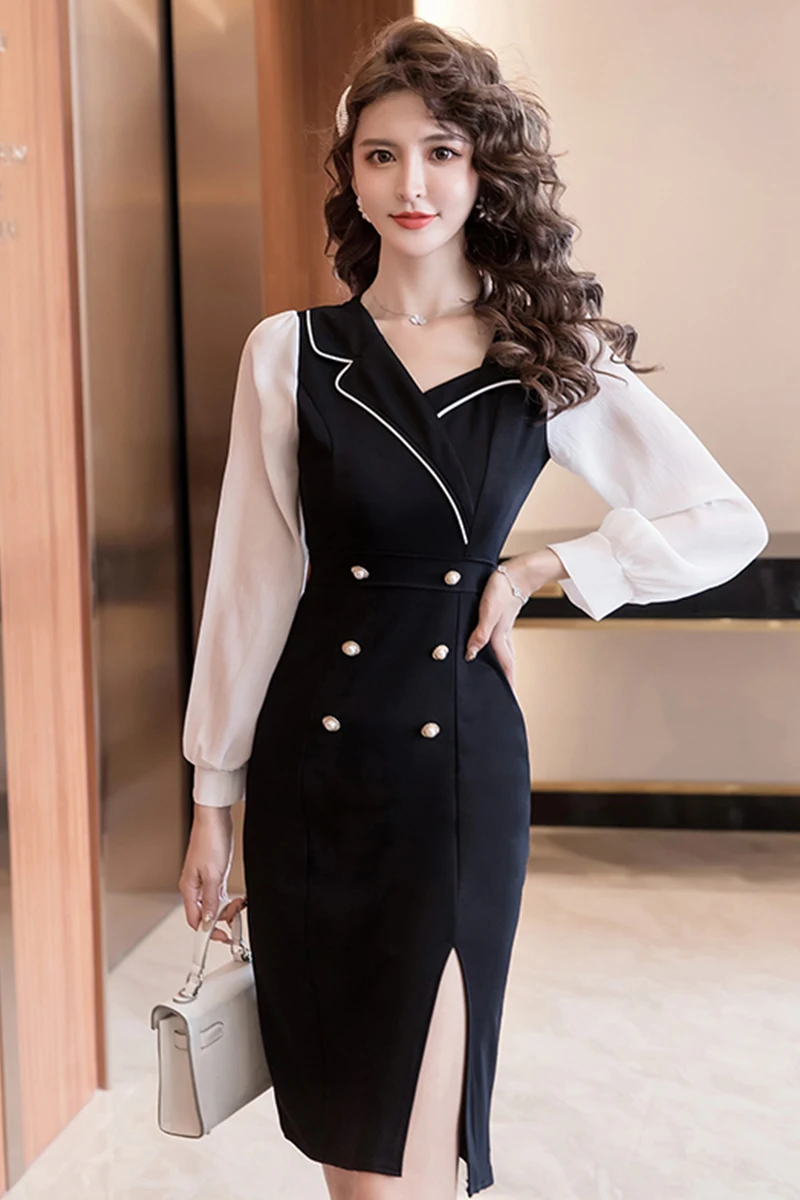 

COIGARSAM Full Sleeve Women one-piece dress korean New Notched Dresses Black 8110