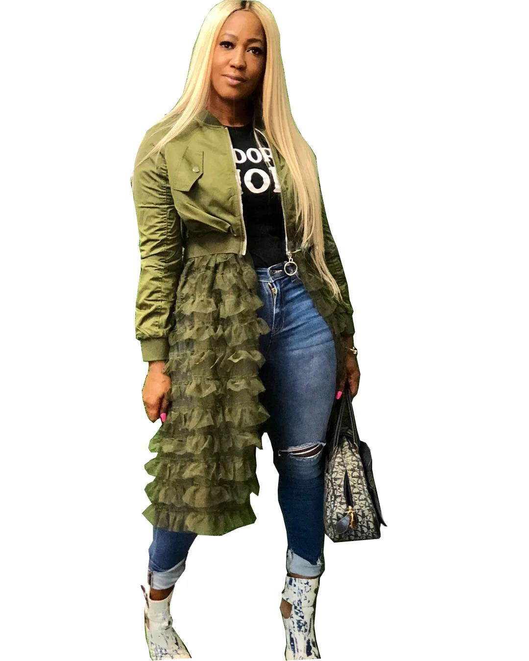 

coat new fashion zipper solid color jacket mesh lace skirt