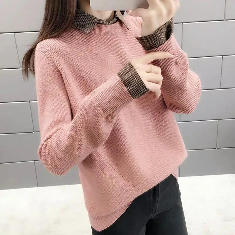 

2020 Autumn Winter Long Sleeve Blouse Shirt Women Tops Casual Striped Patchwork Two Pieces Women Blouses Loose sweater NS4701