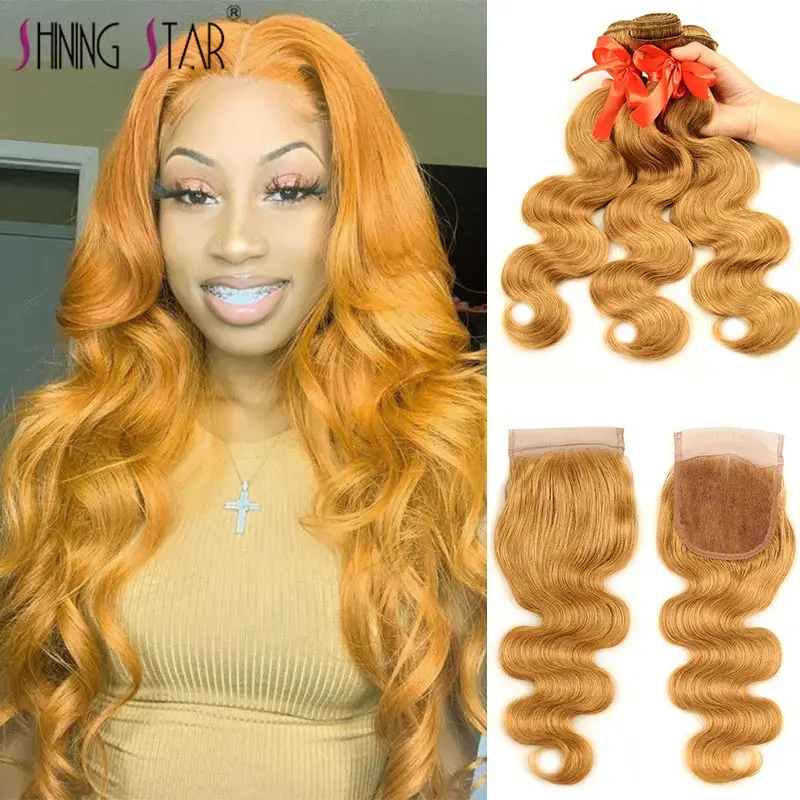 

Peruvian Honey Blonde Bundles With Closure Ombre #27 Colored Body Wave Bundles With Closure Human Hair Weave Shining Star Remy