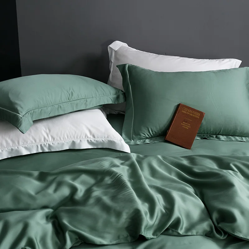 

SISISILK Luxury 100% Silk Green Bedding Set 25 Momme Silk Healthy Skin Duvet Cover Set Flat Sheet Pillowcase Queen King Bed Set