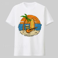 wholesale high quality women graphic guitar and surfing board in the sun set of beach 100 cotton t shirt vintage oversized
