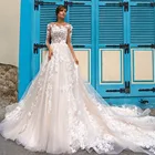 Тюль Свадебное Платье Иллюзия на пуговицах с круглым вырезом Длинные рукава с украшением в виде кристаллов с блестками и аппликацией 2021 пол Длина свадебное платье