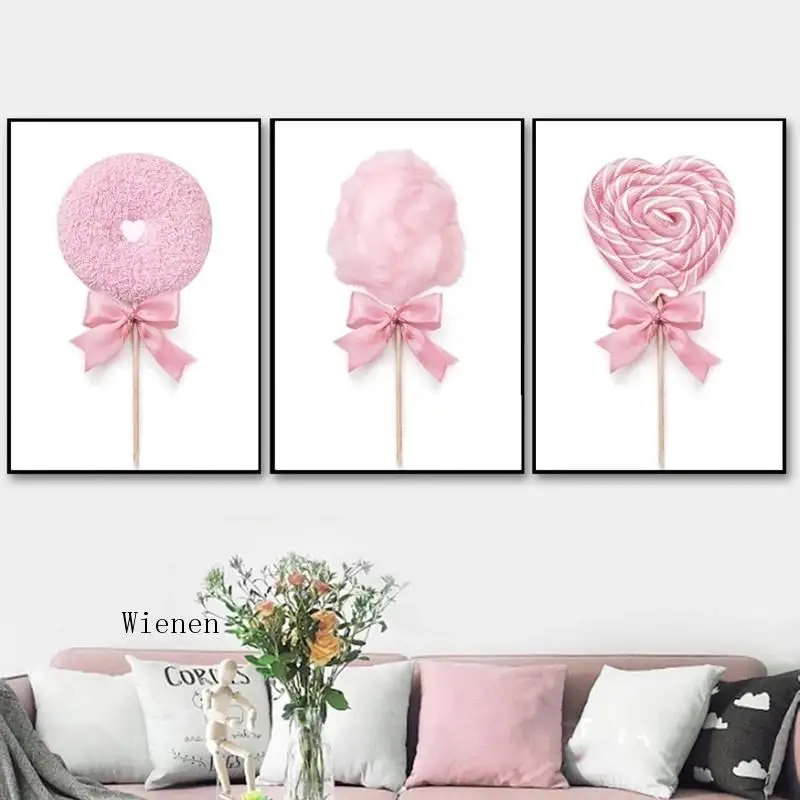 

Nordic Posters and Prints Pink Cotton Candy Lollypop Donut Canvas Painting Wall Pictures for Girl Room Dessert Shop Decoration