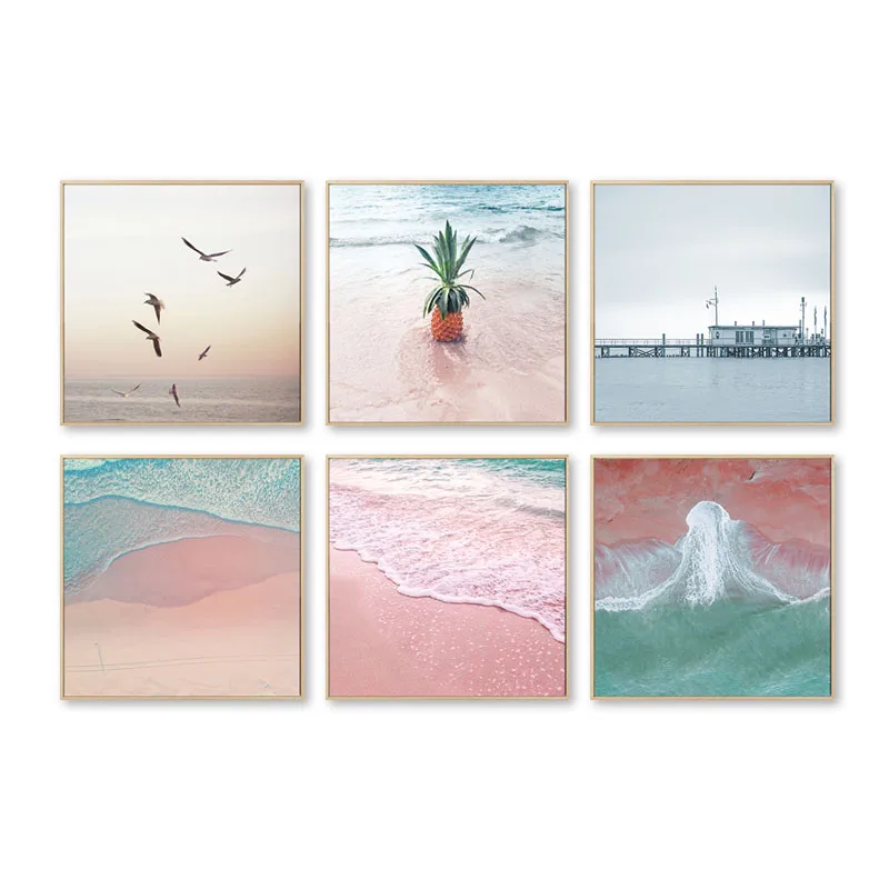 

Pink Ocean Beach Landscape Poster Scandinavian Seascape Wall Art Canvas Painting Nordic Decoration Pictures for Living Room