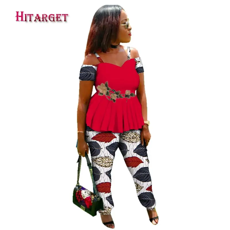 

African Women 2 Piece Set Dashiki Cotton Print Wax Crop Top and Pant Set Good Sewing African Women Suits Clothes WY2967