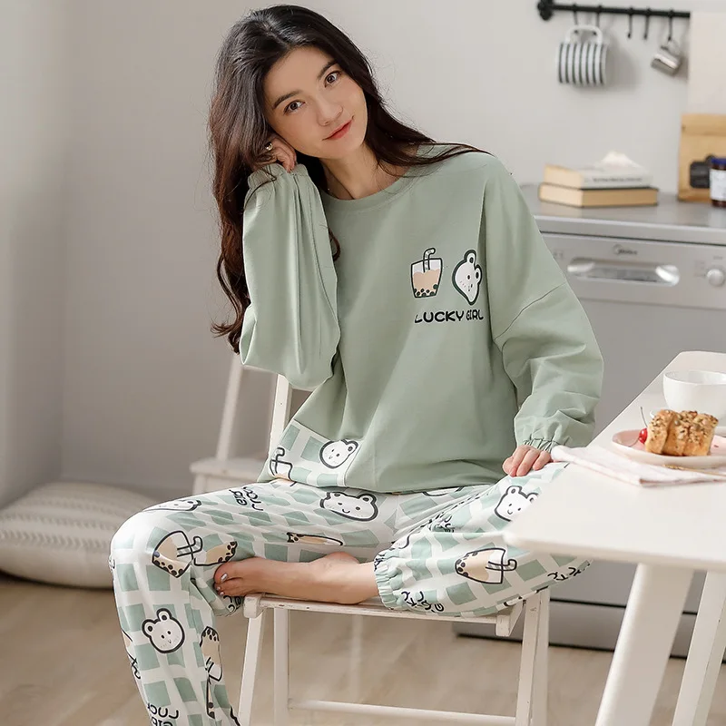 

Autumn Fashion All-Cotton Warm Pajamas Set for Women Long Sleeve Loose Sleepwear Green Cartoon Print Mujer Nightwear Home Clothe