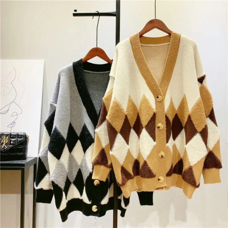 

Thick Plus Size Cardigan Long Women Argyle Plaid Cardigan 2021 Fall Winter Sweater Coat Female Knit Jacket Korean Loose Outwear