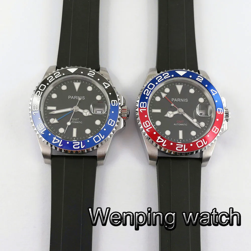 Мужские роскошные брендовые часы Parnis 40 мм GMT красная и синяя рамка сапфировая