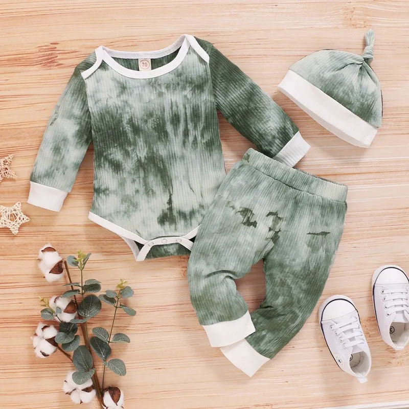 

Autumn Casual Romper Sets Baby Girl Boy Tie Dye Printed Long Sleeve Cotton Romper Tops+Pants+Hat Casual Costume Set Baby Girl