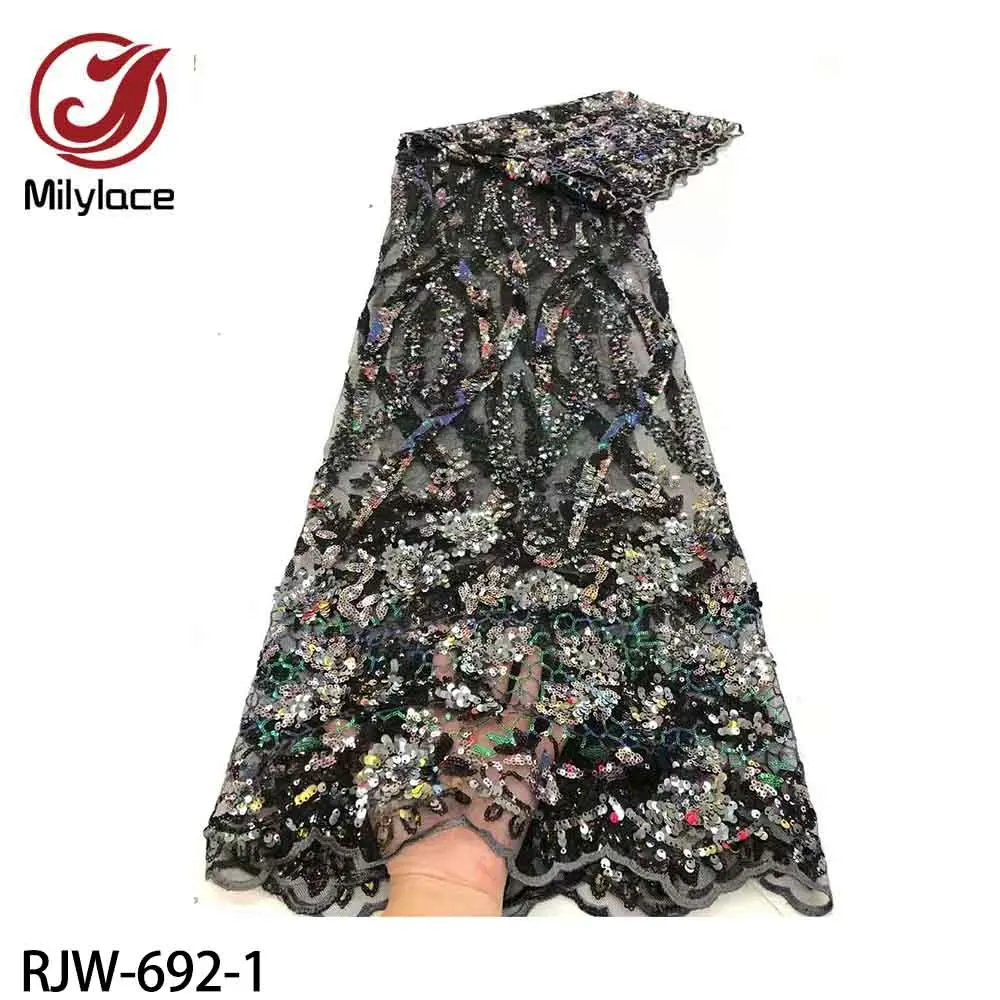 

Latest Lace French Nigerian Sequins Lace Fabric African Mesh Sequence Lace Fabric for Wedding Dress RJW-692