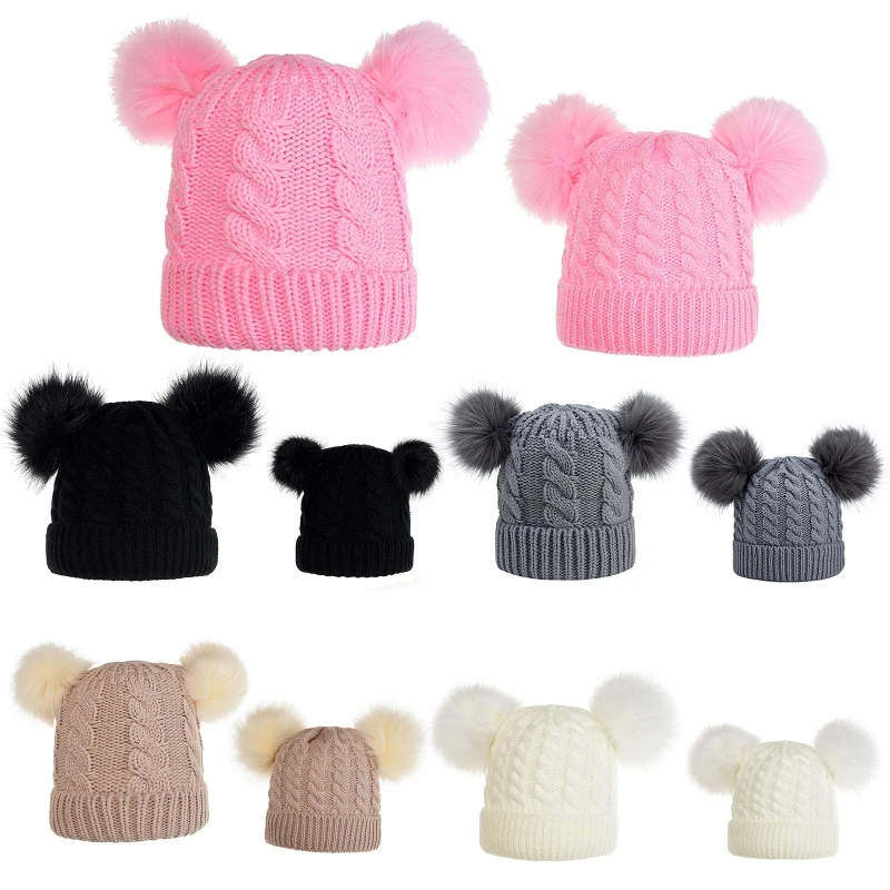 

2Pcs Parent-Child Winter Cable Knitted Beanie Hat Cute Double Pompom Solid Color Mom Baby Matching Cuffed Skull Cap Ear Warmer