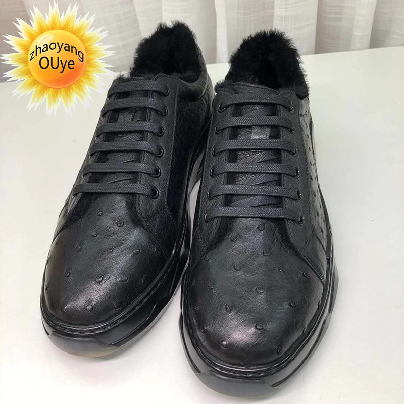 

Autumn and winter 2021 new ostrich leather shoes men's flat shoes lace natural fur wool men's leisure sports shoes